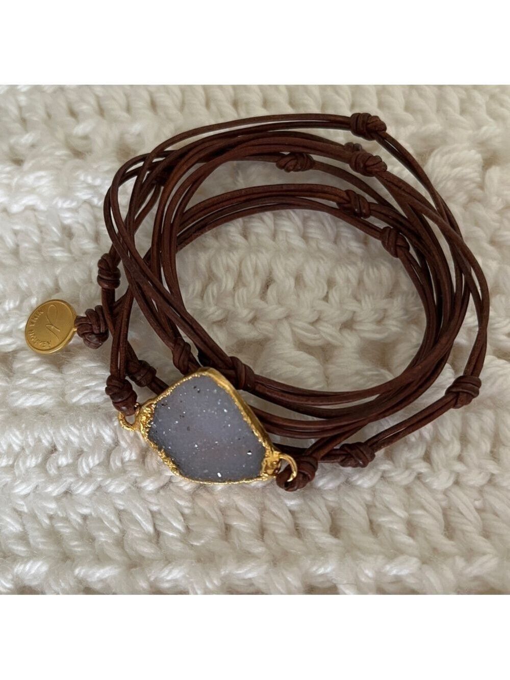 NINA NGUYEN Wrap Bracelet Leather Cord Purple Druzy Gold Tone Setting Boho Chic
